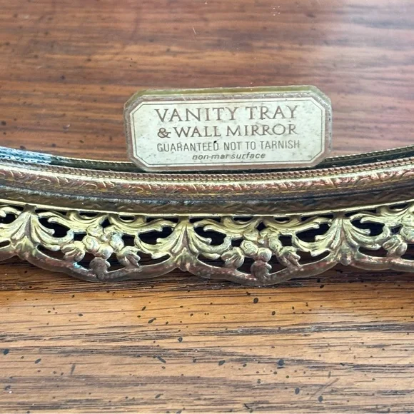 Vintage 1950s Gold Filigree Vanity Tray Wall Mirror Hollywood Regency